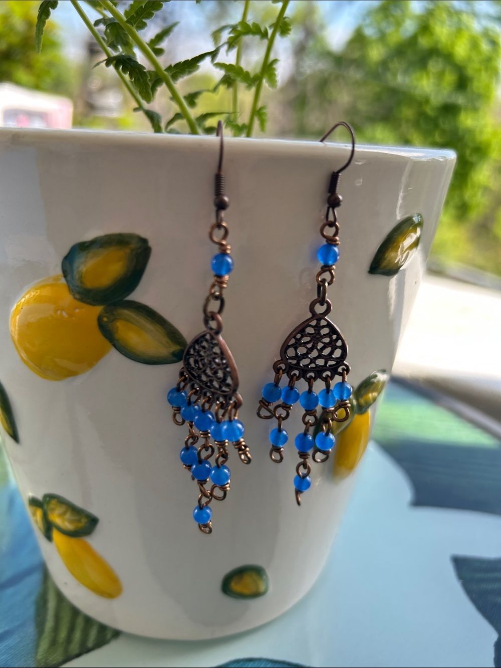 Artisan made Cobalt Blue Jade Beaded and Copper Dangle Earrings